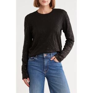 ATM Long Sleeve Top Tee Small Speckle Metallic Cotton Slub Jersey Black Crewneck